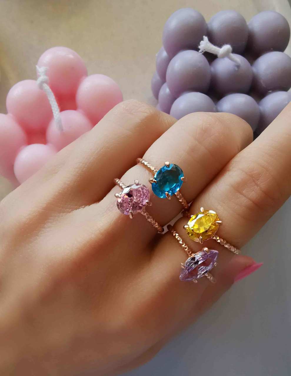 Pembe Zirkon Taşlı El Yapımı Ayarlanabilir Yüzük