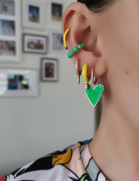 Neon Yeşil Mineli Kalp Küpe Büyük TEK