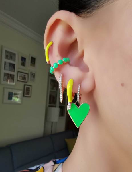 Neon Yeşil Mineli Kalp Küpe Büyük TEK