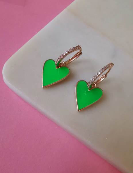 Neon Yeşil Mineli Kalp Küpe Büyük TEK