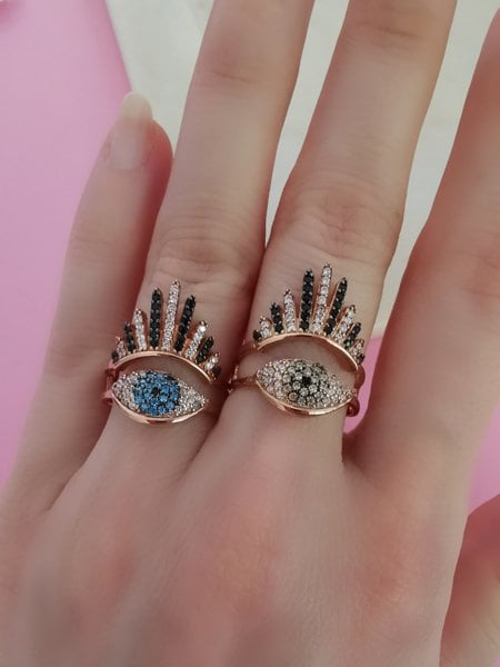 Mavi / Açık Yeşil Gözlü  Ayarlanabilir Yüzük