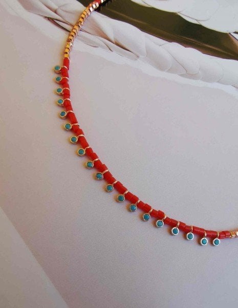 Mercan Turkuaz Detaylı Tasarım Kolye