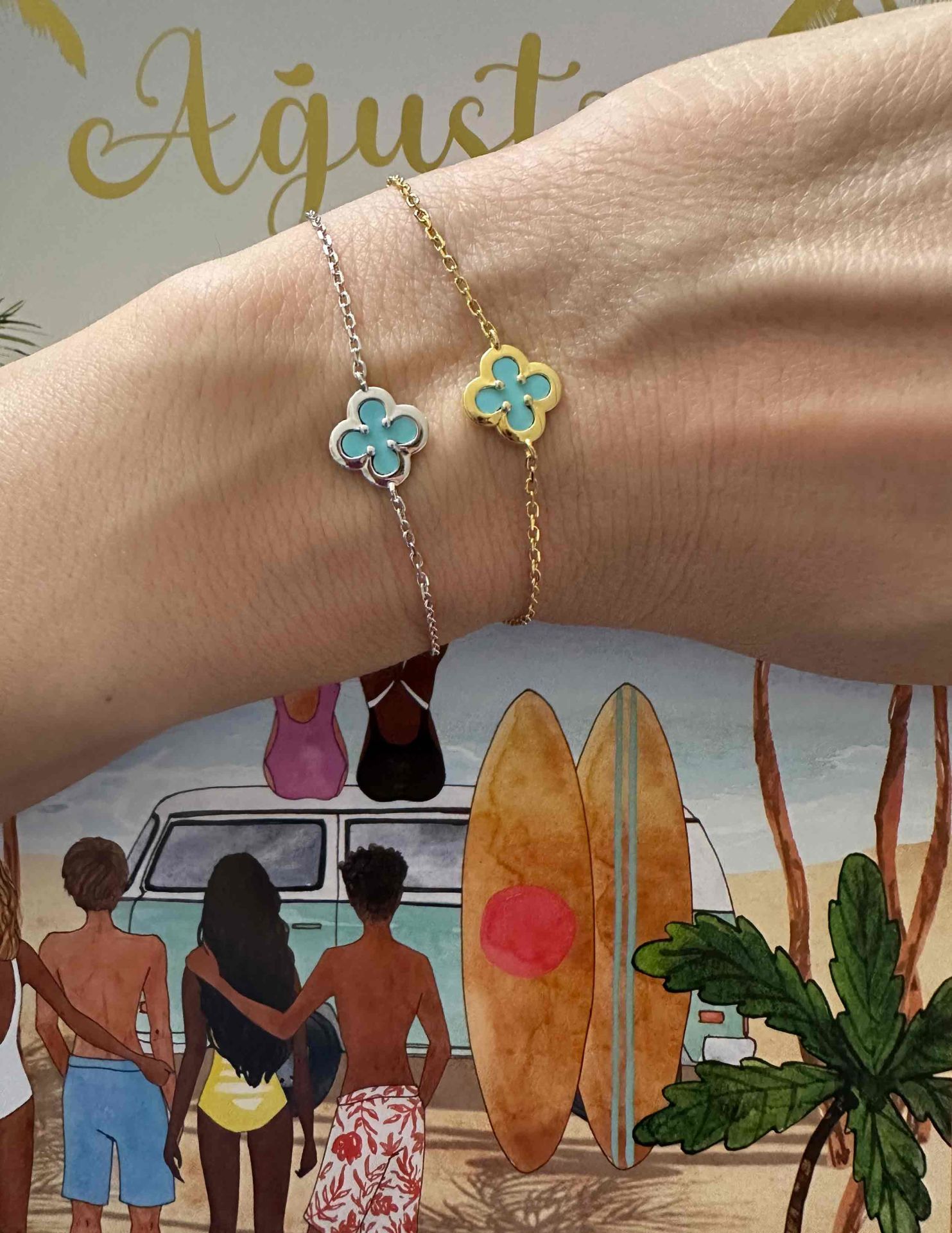 Turkuaz Taşlı Tek Yonca Bileklik-İthal