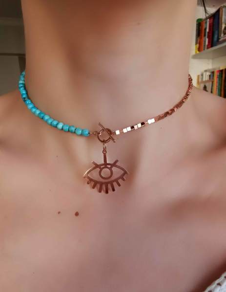 Göz Figürlü İki Dolamalı Turkuaz Tasarım Bileklik