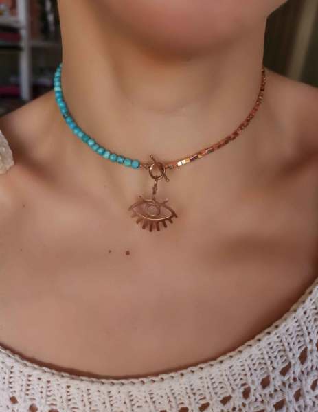 Göz Figürlü İki Dolamalı Turkuaz Tasarım Bileklik