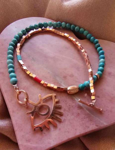 Göz Figürlü İki Dolamalı Turkuaz Tasarım Bileklik