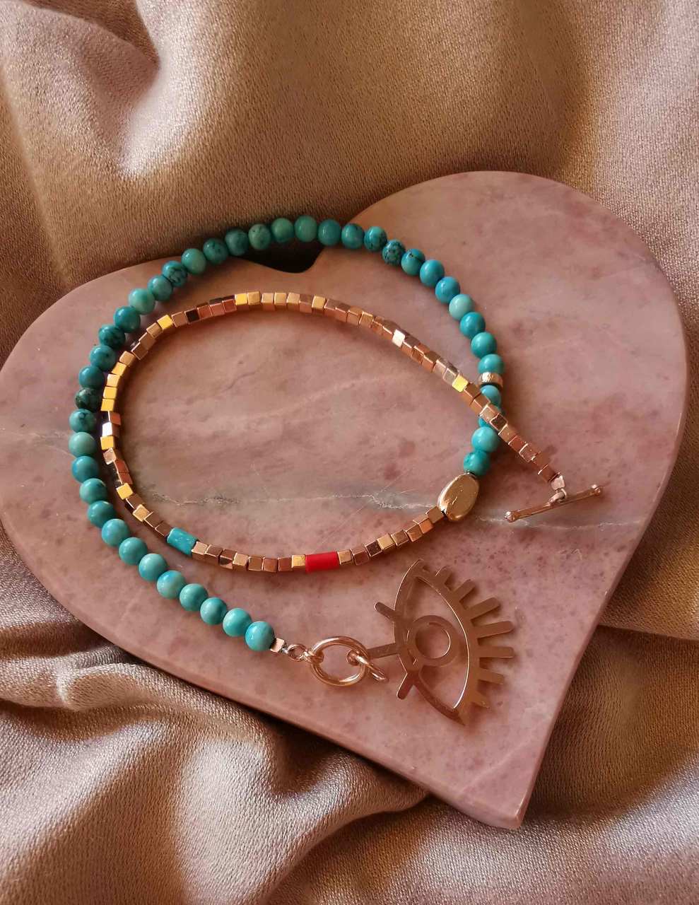 Göz Figürlü İki Dolamalı Turkuaz Tasarım Bileklik