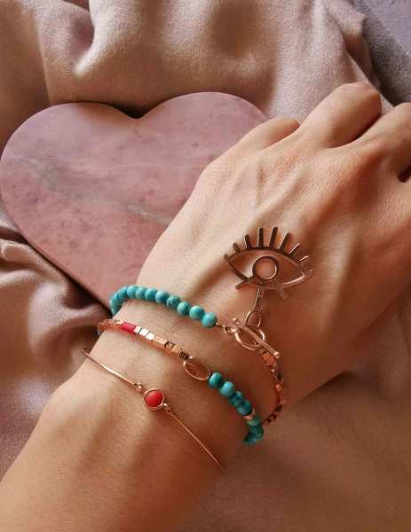 Göz Figürlü İki Dolamalı Turkuaz Tasarım Bileklik