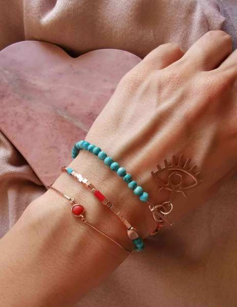 Göz Figürlü İki Dolamalı Turkuaz Tasarım Bileklik